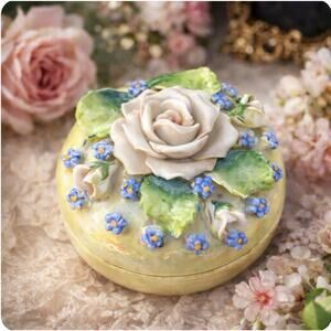 Vtg Grmn Porcln Trinket Box Forget-Me-Not Rose Lustre Vanity Jar Capodimonte Sty